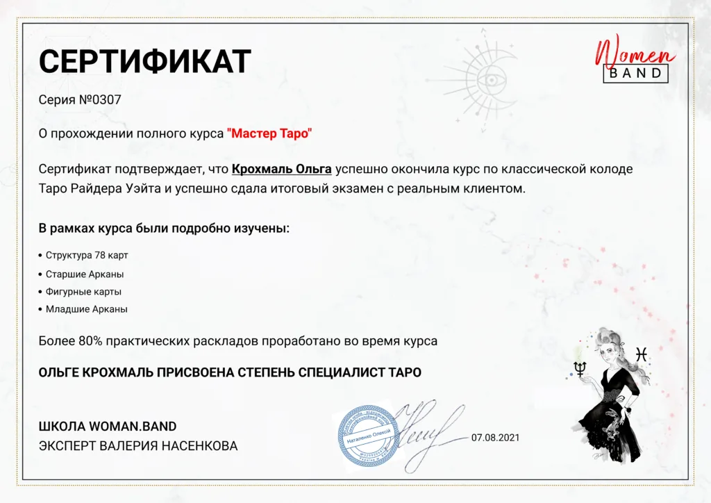 Сертифікат школи Woman.Band про проходження повного курсу «Мастер Таро» — Ользі Крохмаль присвоєно ступінь спеціаліста Таро, 2021